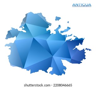 Vektorpolygonal Antigua-Karte. Lebhafte geometrische Insel im Low-Poly-Stil. Coole Illustration für Ihre Infografiken. Technologie, Internet, Netzkonzept.