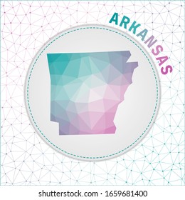 Mapa de Arkansas polígono vectorial. Mapa del estado de la red con fondo de malla de red. Ilustración de Arkansas en tecnología, internet, red, estilo concepto de telecomunicaciones.