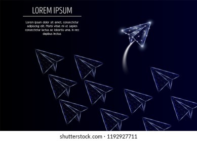 Vector polygonal art group of flying paper planes, one of them is changing direction. Low poly wireframe mesh with light effects. Different thinking concept poster banner template with copy space.