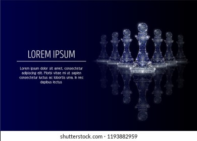 Vector polygonal art pawn chess pieces, one pawn is in front of others. Low poly wireframe mesh with scattered particles and light effects on dark blue background. Leadership poster banner template.