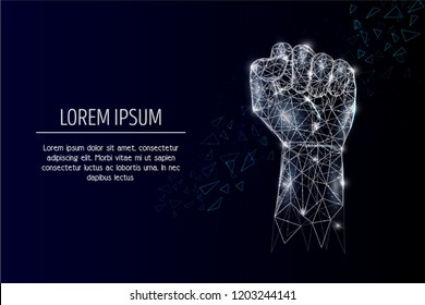 Vector polygonal art raised up clenched fist. Low poly wireframe mesh with scattered particles and light effects on dark blue background. Resistance concept poster banner template with copy space.