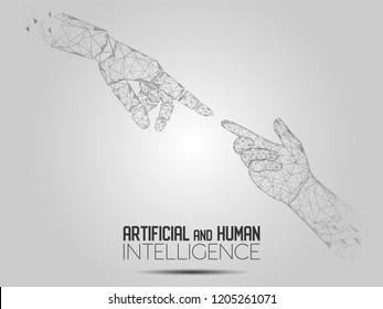 Vector polygonal art style artificial and human intelligence touching hands. Low poly wireframe mesh with scattered particles effect. Poster banner design template.