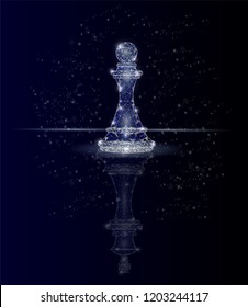 Vector polygonal art style chess pawn with chess king shadow. Low poly wireframe mesh with scattered particles and light effects on dark blue background. Ambition concept poster banner design