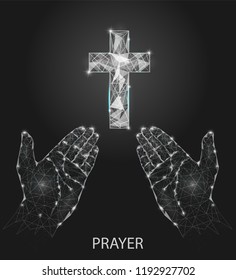 Vector polygonal art style christian prayer hands with cross. Low poly wireframe mesh with scattered particles and light effects on dark background. Greeting card poster banner template.