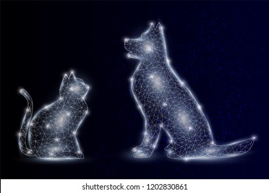 Vector polygonal art style dog and cat. Pet animals low poly wireframe mesh with scattered particles and light effects on dark blue background. Card poster banner design template.