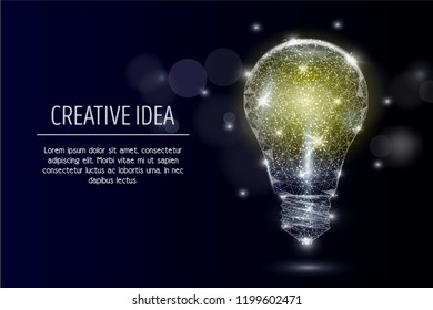 Vector polygonal art style electric light bulb. Low poly wireframe mesh with scattered particles and light effects on dark blue background. Creative idea concept poster banner template with copy space
