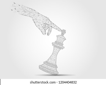 Vector polygonal art style finger tilting king chess piece. Low poly wireframe mesh with scattered particles effect. Checkmate, game is lost concept poster banner design template.