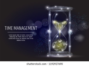 Vector polygonal art style hourglass. Sandglass low poly wireframe mesh with scattered particles and light effects on dark blue background. Time management poster banner template with copy space.