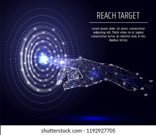 Vector polygonal art style human hand touching glowing point at target circle. Low poly wireframe mesh with light effects on dark blue background. Reach target poster banner template with copy space.