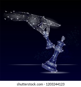 Vector polygonal art style human hand holding pawn knocking down king chess piece. Low poly wireframe mesh with scattered particles and light effects. Business checkmate poster banner template.