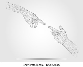 Vector polygonal art style human touching hands. Low poly wireframe mesh with scattered particles effect. Poster banner design template.