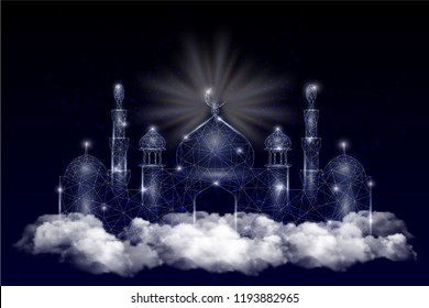 Vector polygonal art style islamic mosque placed on clouds. Low poly wireframe mesh with scattered particles and light effects on dark blue background. Greeting card poster banner template.