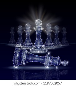 Vector polygonal art style king chess piece defeated by pawns. Low poly wireframe mesh with light effects on dark blue background. Revolution concept poster banner template.