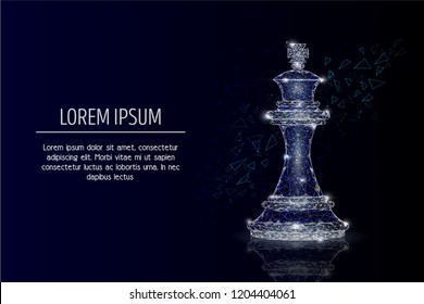 Vector polygonal art style king chess piece. Low poly wireframe mesh with scattered particles and light effects on dark blue background. Poster banner design template with copy space.