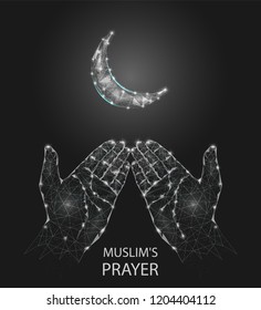 Vector polygonal art style muslim prayer hands with moon. Low poly wireframe mesh with scattered particles and light effects on grey background. Greeting card poster banner template.