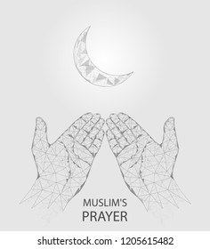 Vector polygonal art style muslim prayer hands with moon. Low poly wireframe mesh with scattered particles effect. Greeting card poster banner design template.