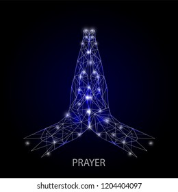 Vector polygonal art style praying hands. Low poly wireframe mesh with scattered particles and light effects on dark blue background. Greeting card poster banner template.