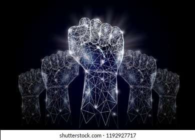 Vector polygonal art style raised up clenched fists. Low poly wireframe mesh with scattered particles and light effects on dark blue background. Raised hands poster banner design template.