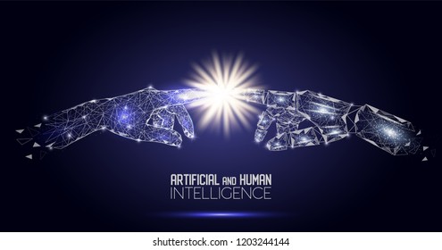 Vector polygonal art style robot and human touching hands. Low poly wireframe mesh with scattered particles and light effects on dark blue background. Poster banner design template with copy space.