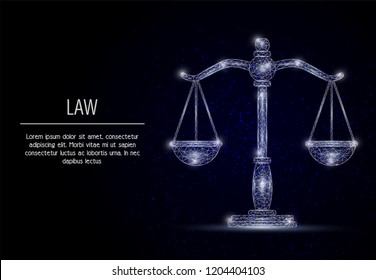 Vector polygonal art style scales of justice. Low poly wireframe mesh with scattered particles and light effects on dark blue background. Law concept poster banner template with copy space.