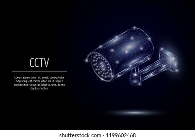 Vector polygonal art style security camera. CCTV low poly wireframe mesh with scattered particles and light effects on dark blue background. Poster banner design template with copy space.