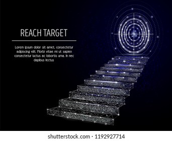 Vector polygonal art style stairway with target circle. Low poly wireframe mesh with light effects on dark blue background. Reach target business concept poster banner design template with copy space.