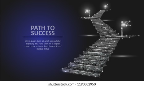 Vector polygonal art style stairway with flags. Low poly wireframe mesh with light effects on dark blue background. Path to success business concept poster banner design template with copy space.