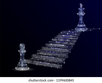 Vector polygonal art style stairway with pawn and king chess pieces. Low poly wireframe mesh with scattered particles and light effects on dark blue background. Path to success poster banner template.