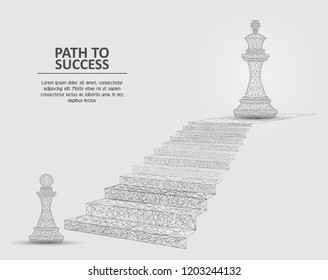 Vector polygonal art style stairway with pawn and king chess pieces. Low poly wireframe mesh. Path to success business concept poster banner design template with copy space.