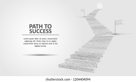 Vector polygonal art style stairway with flags. Low poly wireframe mesh. Path to success business concept poster banner design template with copy space.