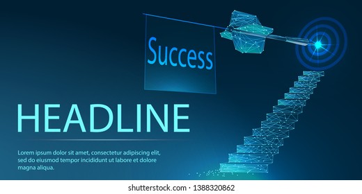 Vector polygonal art style stairway with target circle. Low poly wireframe mesh with light effects on dark blue background. Reach target business concept poster banner design template with copy space.