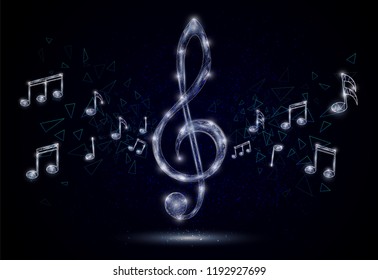 Vector polygonal art style treble clef with musical notes. Low poly wireframe mesh with scattered particles and light effects on dark blue background. Music poster banner design template.