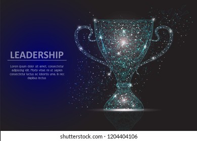 Vector polygonal art style winner cup. Award cup low poly wireframe mesh with scattered particles and light effects on dark blue background. Leadership business concept poster banner design template.