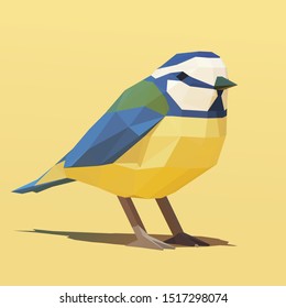 Vector polygonal bird Blue Tit [Cyanistes caeruleus]. Low poly 3d vector illustration.