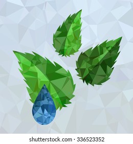 Vector Polygonal Blue Water Drop and Green Leaves Isolated on Mosaic Background