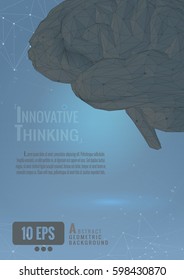 Vector polygonal brain illustration conceptual with connected dots on blue space background