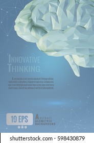 Vector polygonal brain illustration conceptual with connected dots on blue space background