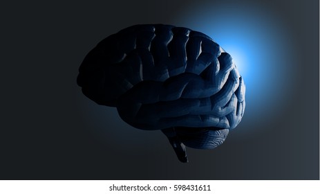 Vector polygonal brain in lateral view in darkness with glowing rim light illustration