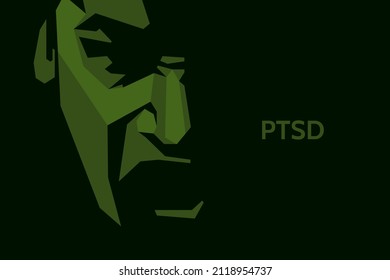 vector polygonal camouflage portrait of a male soldier who screams in desperation. war veteran has depression, mental health and emotion problems, post-traumatic stress disorder (PTSD), rehabilitation