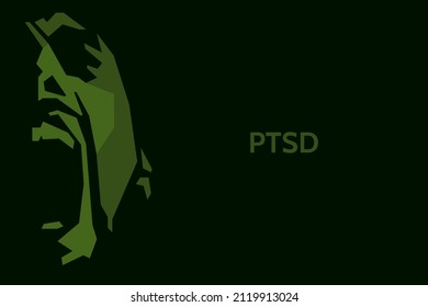 Vector Polygonal Camouflage Portrait Of A Male Soldier Who Screams In Desperation. War Veteran Has Depression, Mental Health And Emotion Problems, Post-traumatic Stress Disorder (PTSD), Rehabilitation