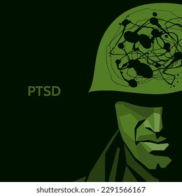 vector polygonal camouflage portrait of a soldier. silhouette of a military man in a helmet. war veteran has depression, mental health, emotion problems, post-traumatic stress disorder, rehabilitation