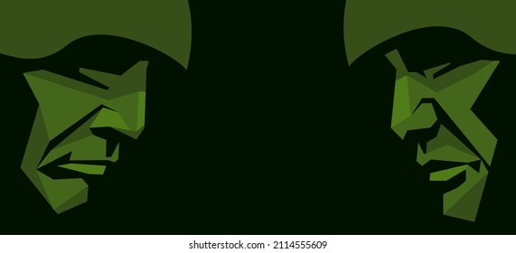 siluetas vectoriales de camuflaje poligonal en perfil de dos soldados en cascos uno frente al otro sobre un fondo negro. guerra, conflicto militar, crisis, confrontación entre dos ejércitos o países.