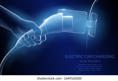 Vector polygonal concept, hand connecting charging for  electric car, on a dark blue background, a symbol of smart and eco-friendly transport technologies.