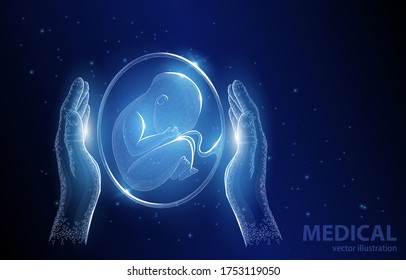 Vector polygonal concept illustration, child in hands, on dark blue background, child protection symbol, medicine, pharmacology, genetic engineering.