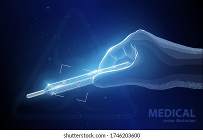 Vector polygonal concept illustration, hand holding a thermometer for measuring body temperature, on a dark blue background, symbol of medicine.