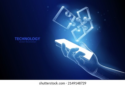 

Vector polygonal concept illustration on a dark blue background, a hand holding a smartphone over which is a 3D puzzle hologram. Technology development, unity, team, success achievement.