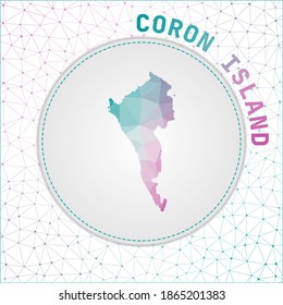 Vector polygonal Coron Island map. Map of the island with network mesh background. Coron illustration in technology, internet, network, telecommunication concept style.