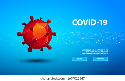 Vector Polygonal Coronavirus microorganism 3D Model. Red low poly Coronavirus Covid-19 cell on blue technological background for landing page template.