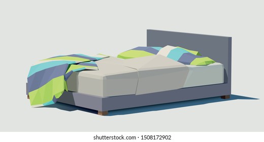 Vector polygonal double bed with colorful pillows. Low poly 3d vector illustration.