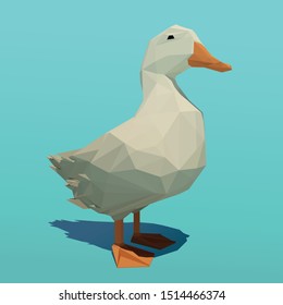 Vector polygonal duck standing in shallow water. Low poly 3d vector illustration.